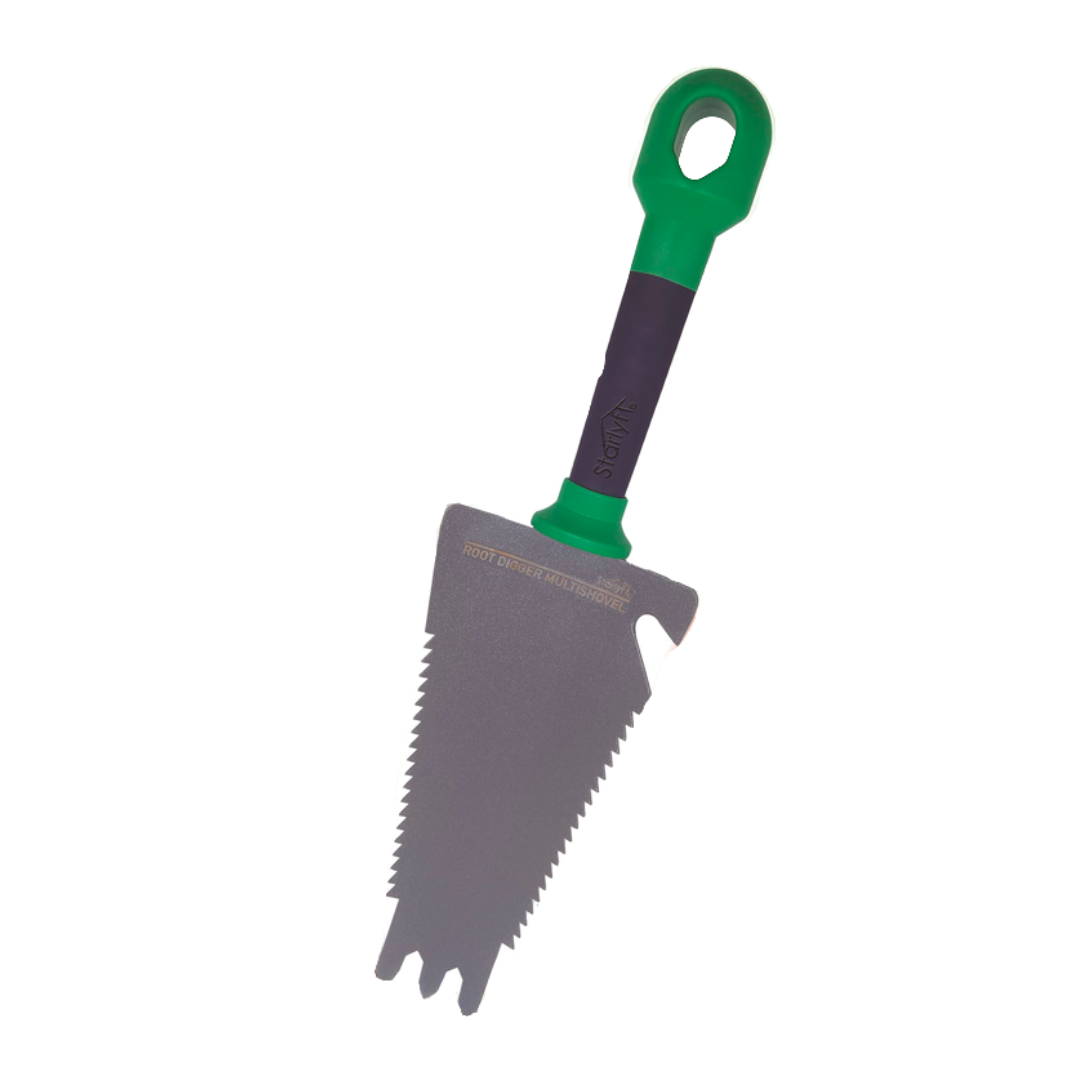 Herramienta 4 en 1 que combina pala, rastrillo, sierra y abrebotellas