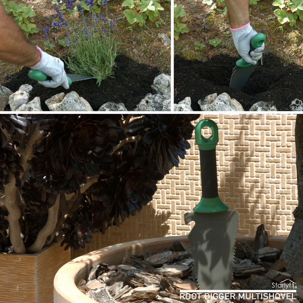 Herramienta 4 en 1 que combina pala, rastrillo, sierra y abrebotellas