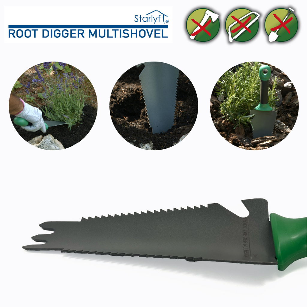 Herramienta 4 en 1 que combina pala, rastrillo, sierra y abrebotellas