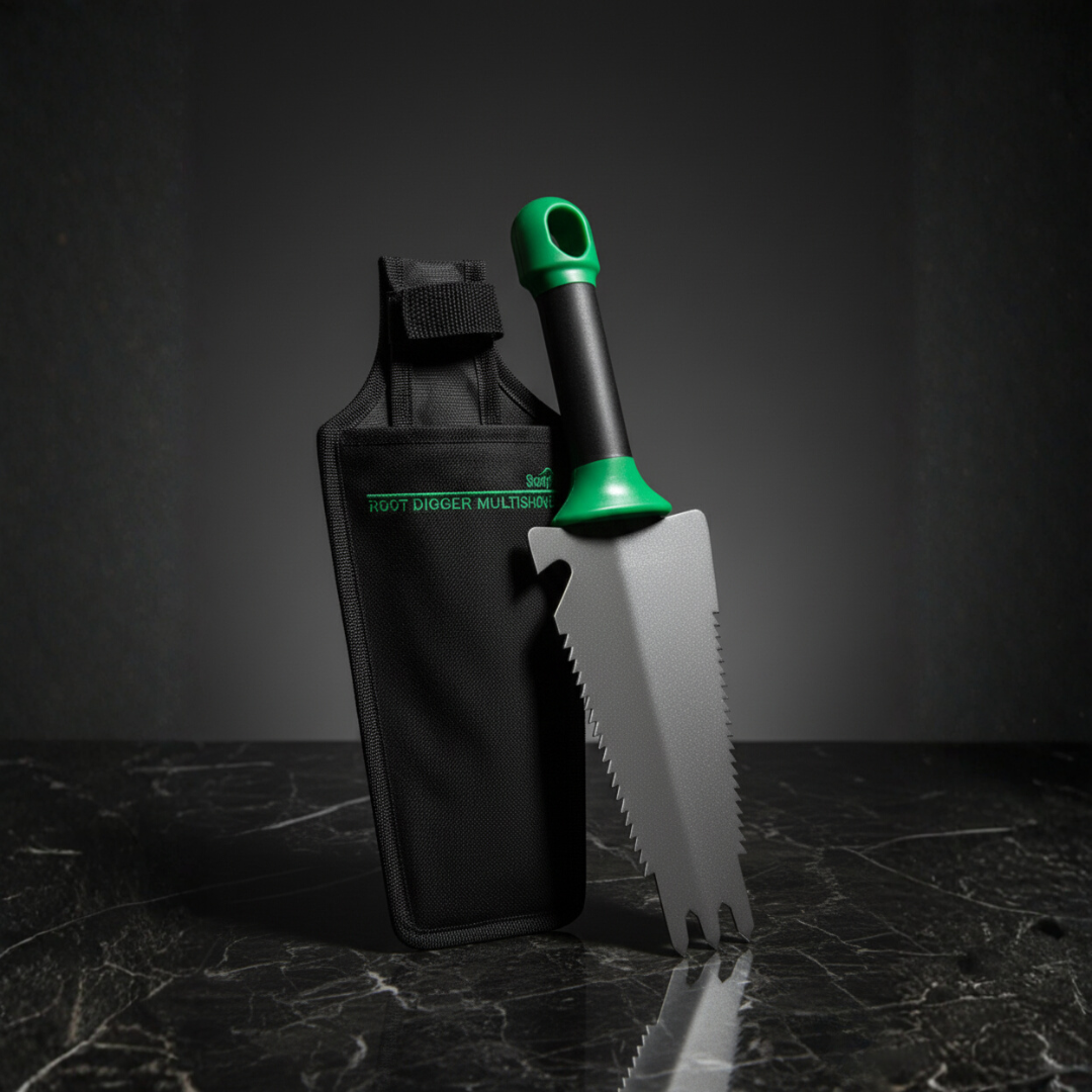 Herramienta 4 en 1 que combina pala, rastrillo, sierra y abrebotellas