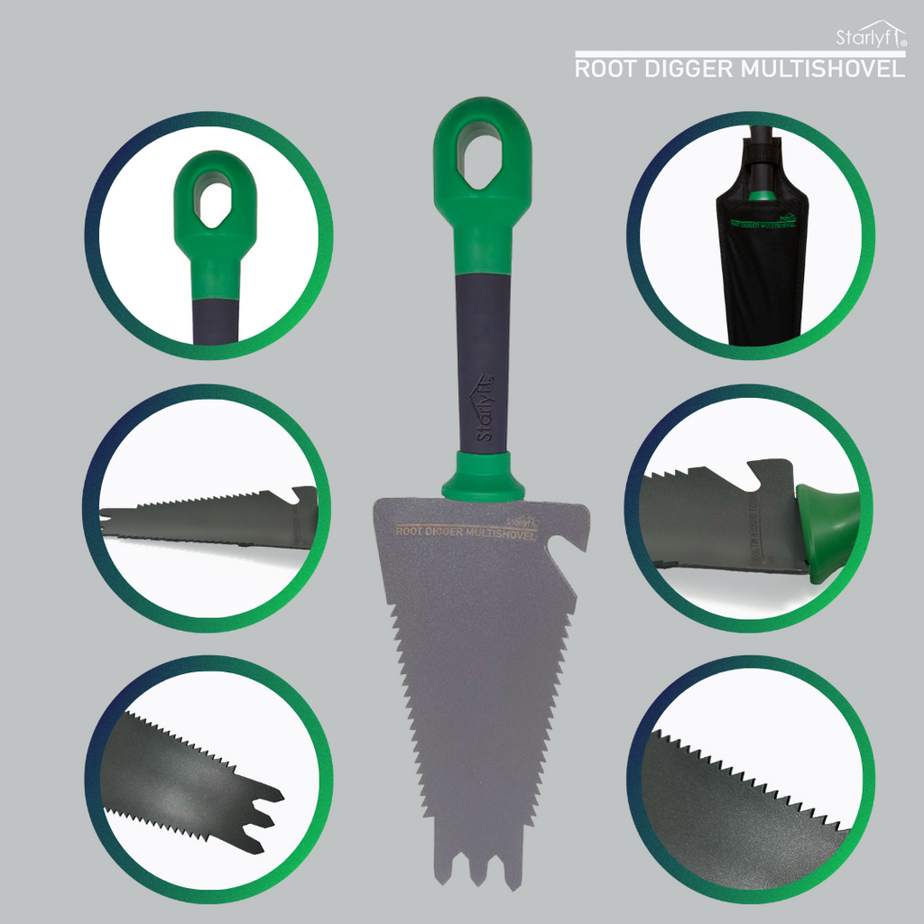Herramienta 4 en 1 que combina pala, rastrillo, sierra y abrebotellas