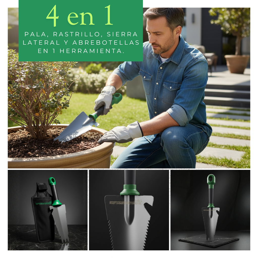 Herramienta 4 en 1 que combina pala, rastrillo, sierra y abrebotellas