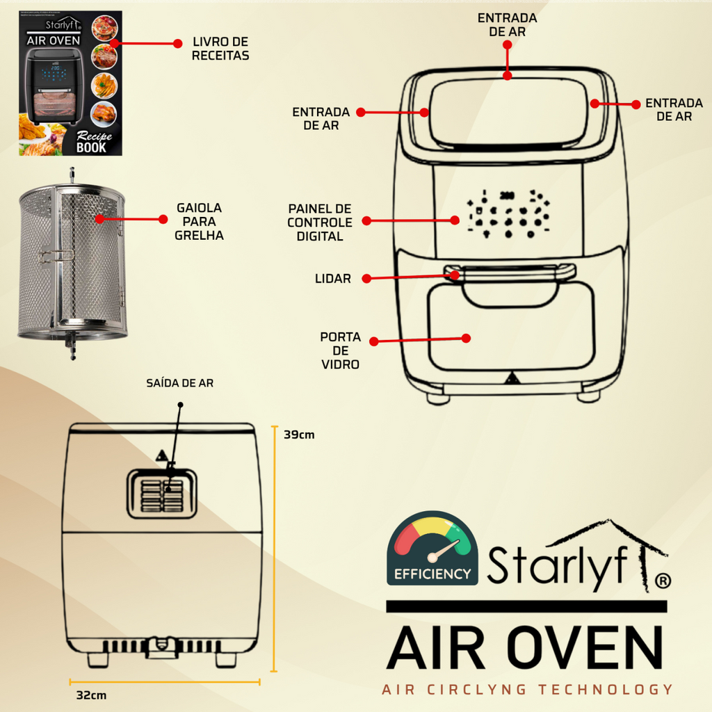 Horno freidora de aire de 12 L de capacidad
