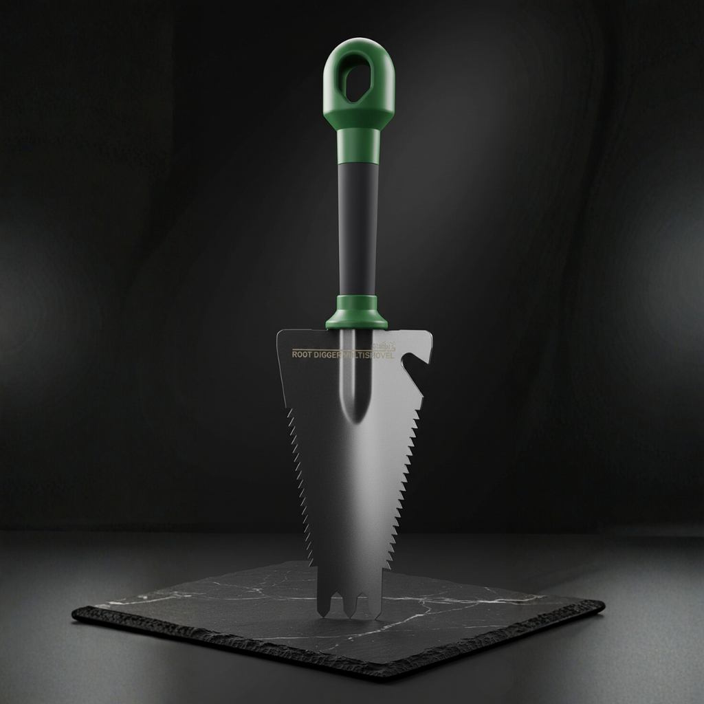 Herramienta 4 en 1 que combina pala, rastrillo, sierra y abrebotellas