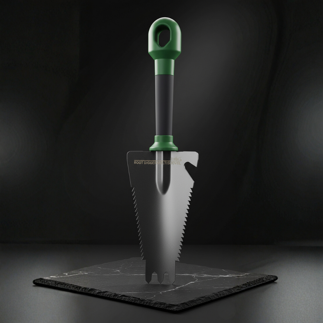 Herramienta 4 en 1 que combina pala, rastrillo, sierra y abrebotellas